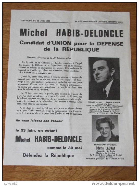 MAI 1968 TRACT ELECTION LEGISLATIVE 23 JUIN 68 CIRCONSCRIPTION AUTEUIL PARIS HABIB DELONCLE UNION DEFENSE DE REPUBLIQUE - Documents Historiques