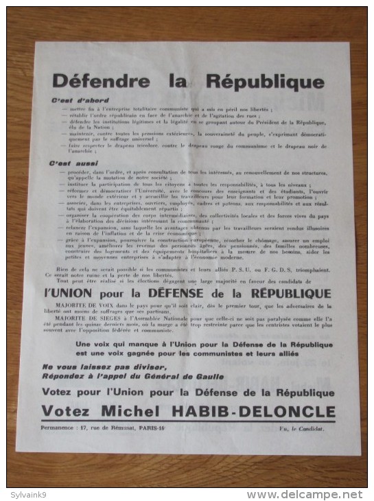 MAI 1968 TRACT ELECTION LEGISLATIVE 23 JUIN 68 CIRCONSCRIPTION AUTEUIL PARIS HABIB DELONCLE UNION DEFENSE DE REPUBLIQUE - Documents Historiques