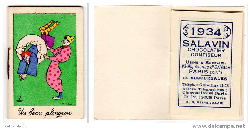 Petit Carnet De Poche, Calendrier 1934, Salavin, Chocolatier Confiseur, Paris, Clowns (plongeon), Signé Dubosc ? - Petit Format : 1921-40