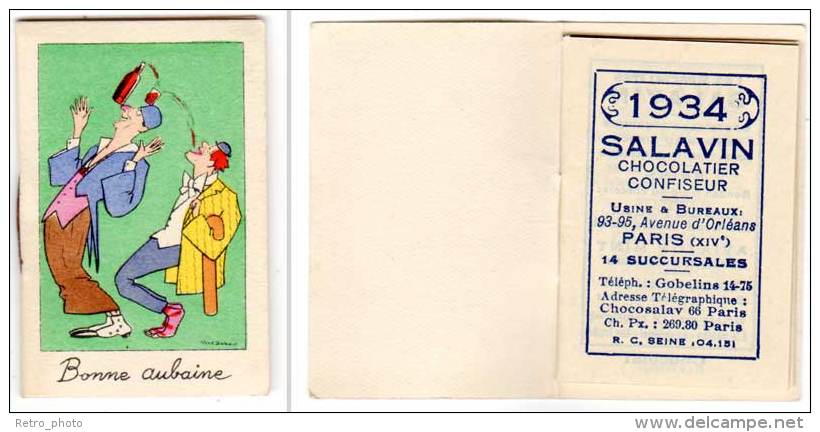 Petit Carnet De Poche, Calendrier 1934, Salavin, Chocolatier Confiseur, Paris, Clowns (vin), Signé Dubosc ? - Petit Format : 1921-40