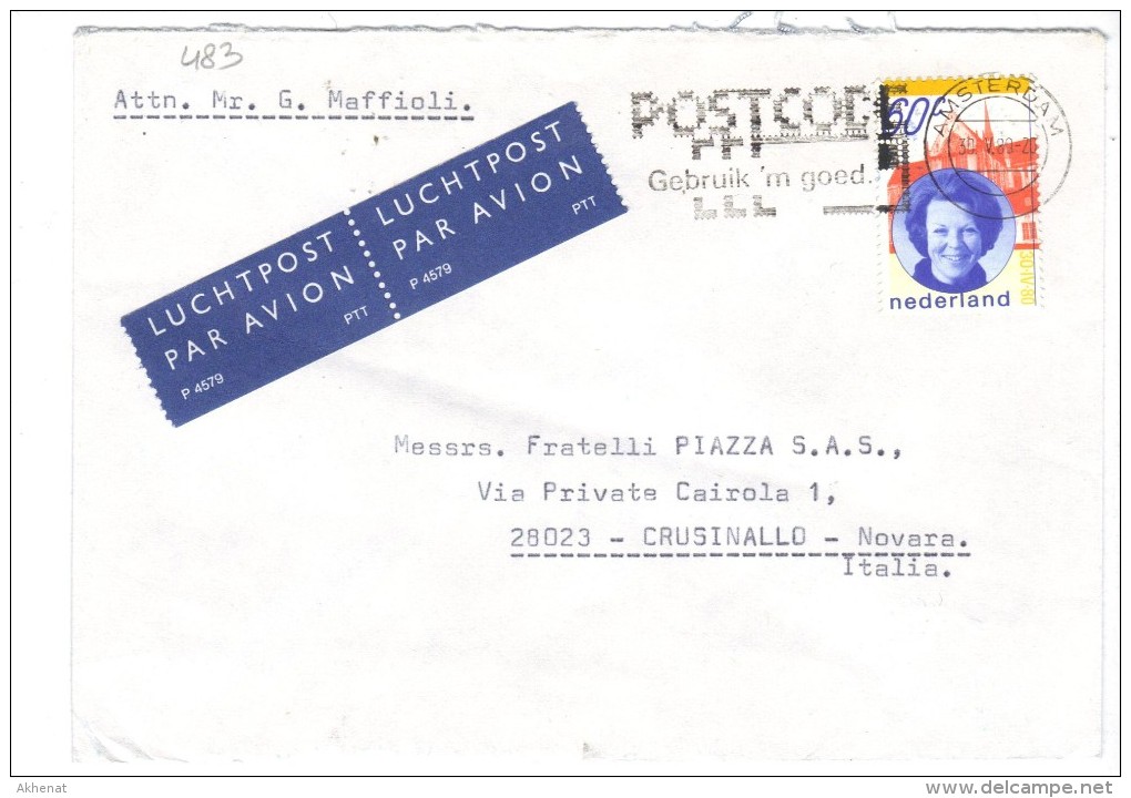 483/600 - PAESI BASSI OLANDA , Lettera Per L' Italia . Francobollo Isolato - Lettres & Documents