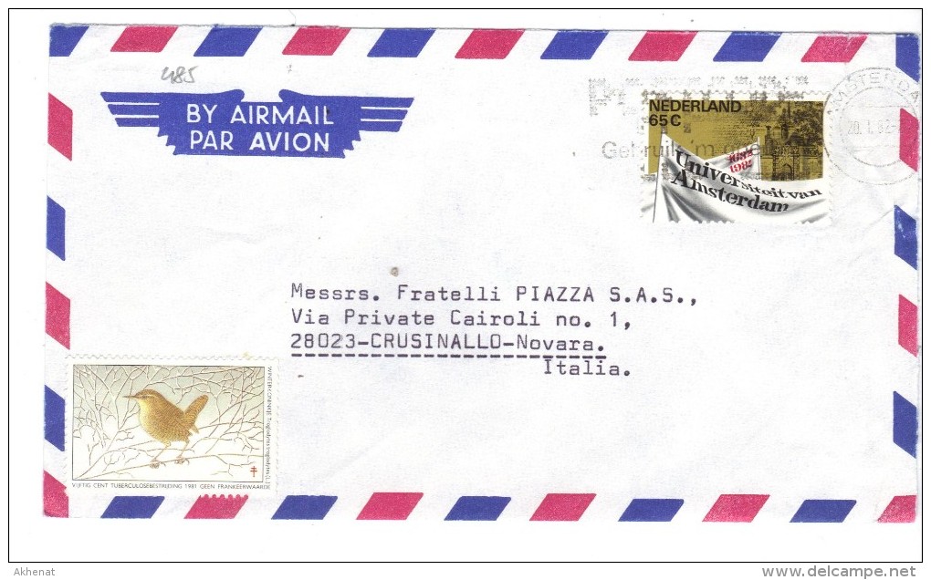 485/600 - PAESI BASSI OLANDA , Lettera Per L' Italia . Francobollo Isolato - Lettres & Documents