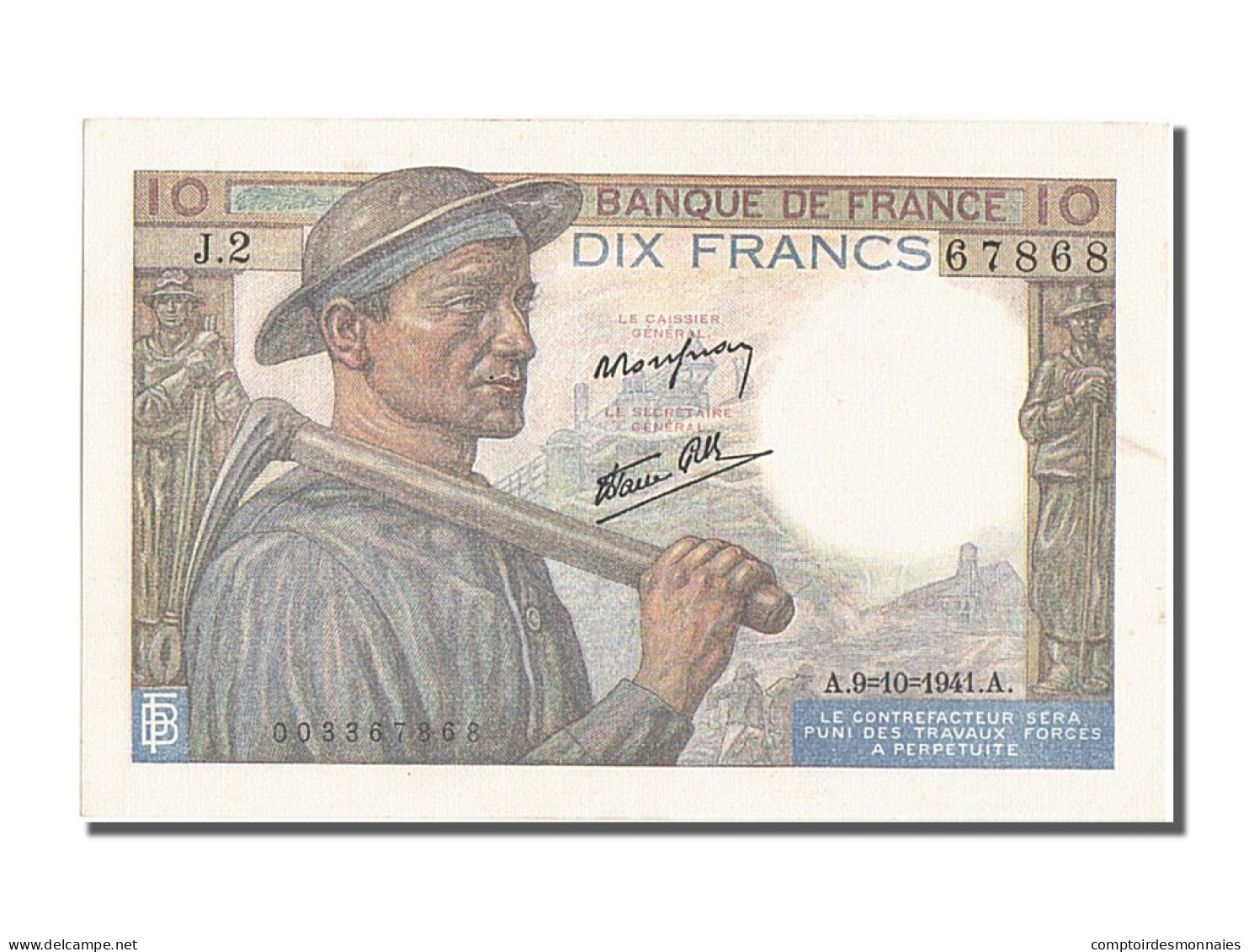 Billet, France, 10 Francs, 10 F 1941-1949 ''Mineur'', 1941, 1941-10-09, SPL - 10 F 1941-1949 ''Mineur''