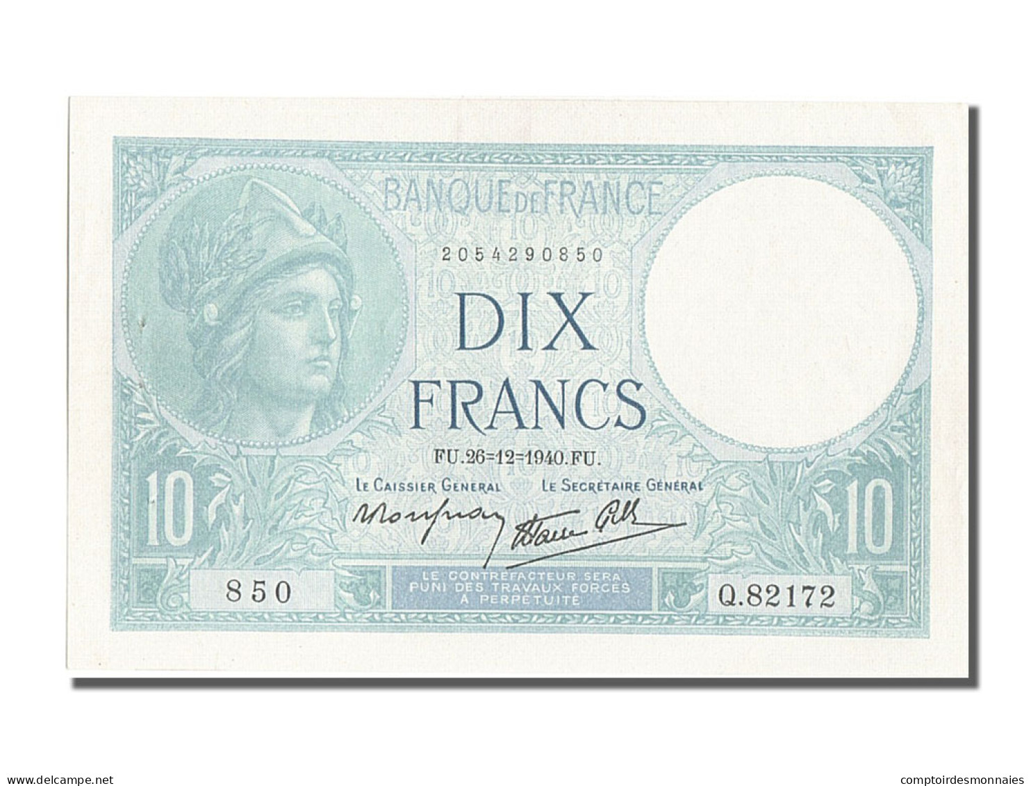 Billet, France, 10 Francs, 10 F 1916-1942 ''Minerve'', 1940, 1940-12-26, SUP+ - 10 F 1916-1942 ''Minerve''