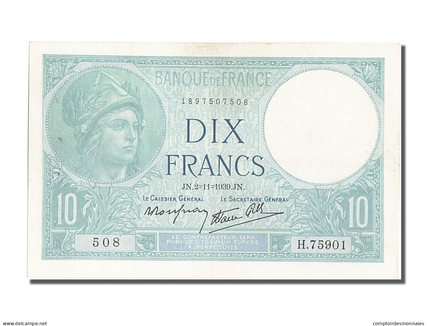 Billet, France, 10 Francs, 10 F 1916-1942 ''Minerve'', 1939, 1939-11-02, SUP - 10 F 1916-1942 ''Minerve''