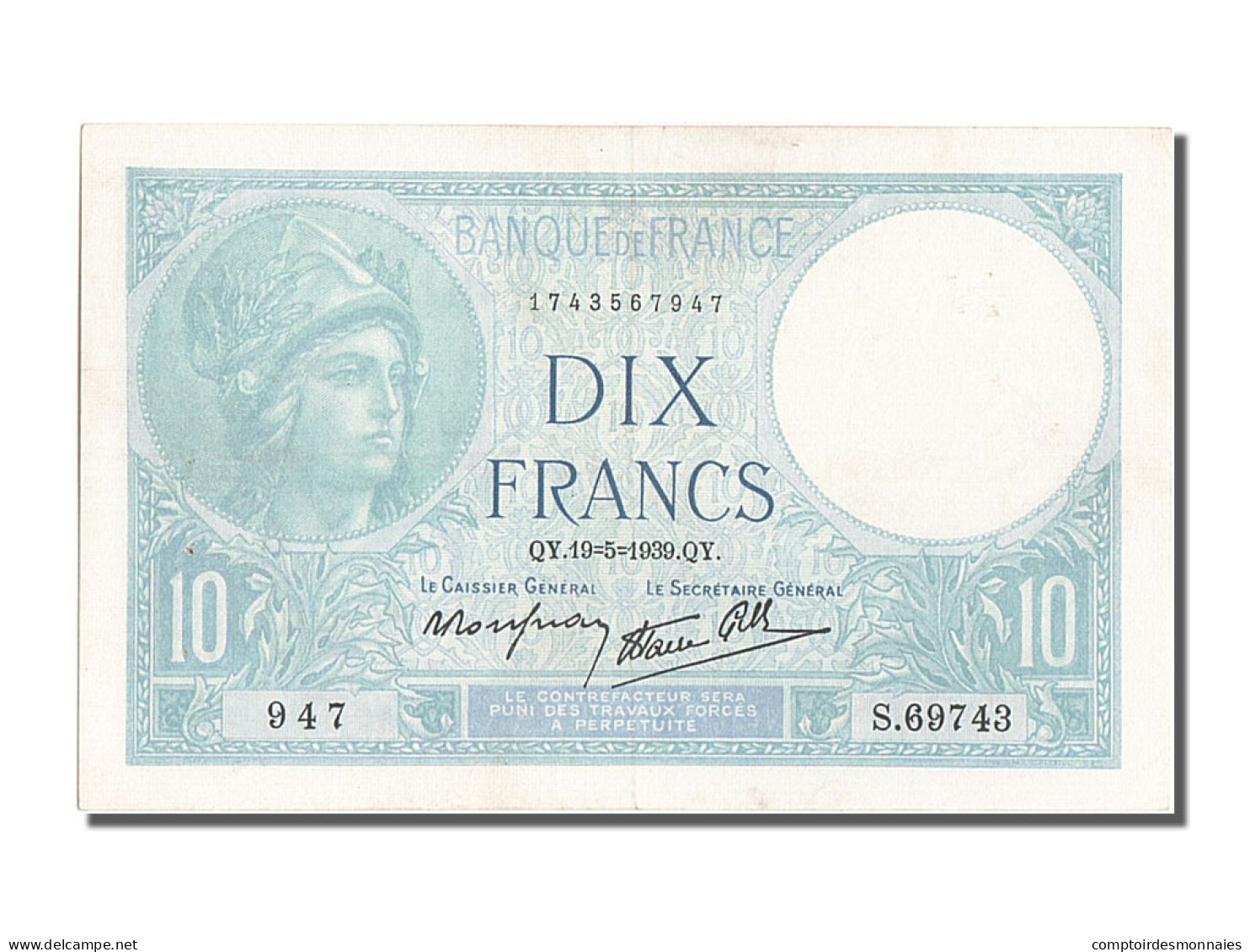 Billet, France, 10 Francs, 10 F 1916-1942 ''Minerve'', 1939, 1939-05-19, SUP+ - 10 F 1916-1942 ''Minerve''