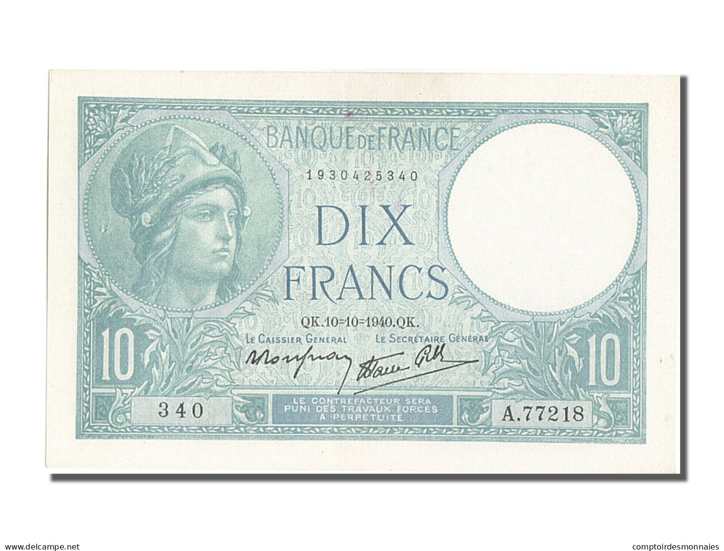 Billet, France, 10 Francs, 10 F 1916-1942 ''Minerve'', 1940, 1940-10-10, SUP - 10 F 1916-1942 ''Minerve''