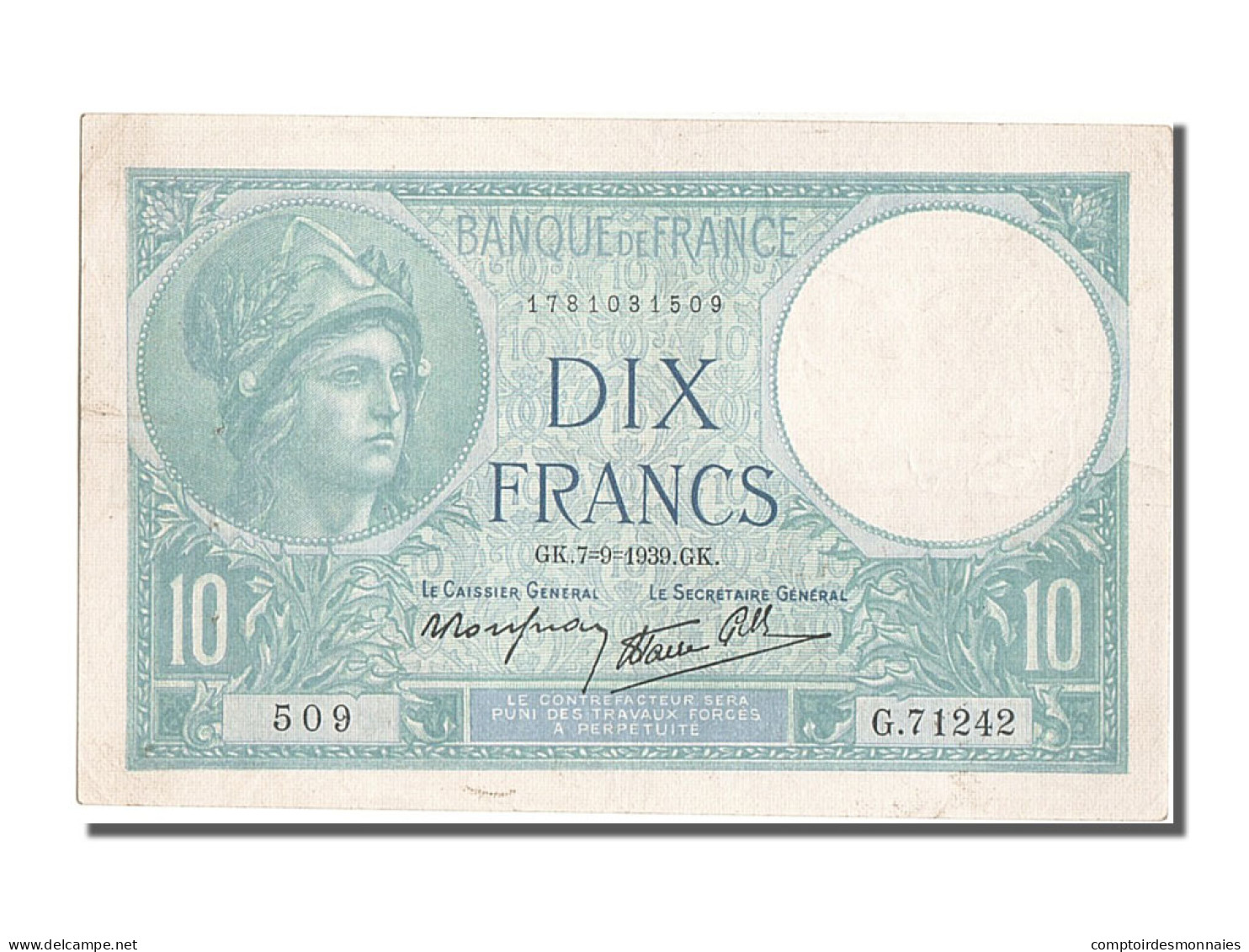 Billet, France, 10 Francs, 10 F 1916-1942 ''Minerve'', 1939, 1939-09-07, TTB+ - 10 F 1916-1942 ''Minerve''