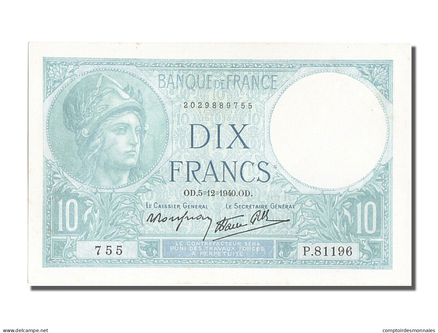 Billet, France, 10 Francs, 10 F 1916-1942 ''Minerve'', 1940, 1940-12-05, SPL - 10 F 1916-1942 ''Minerve''