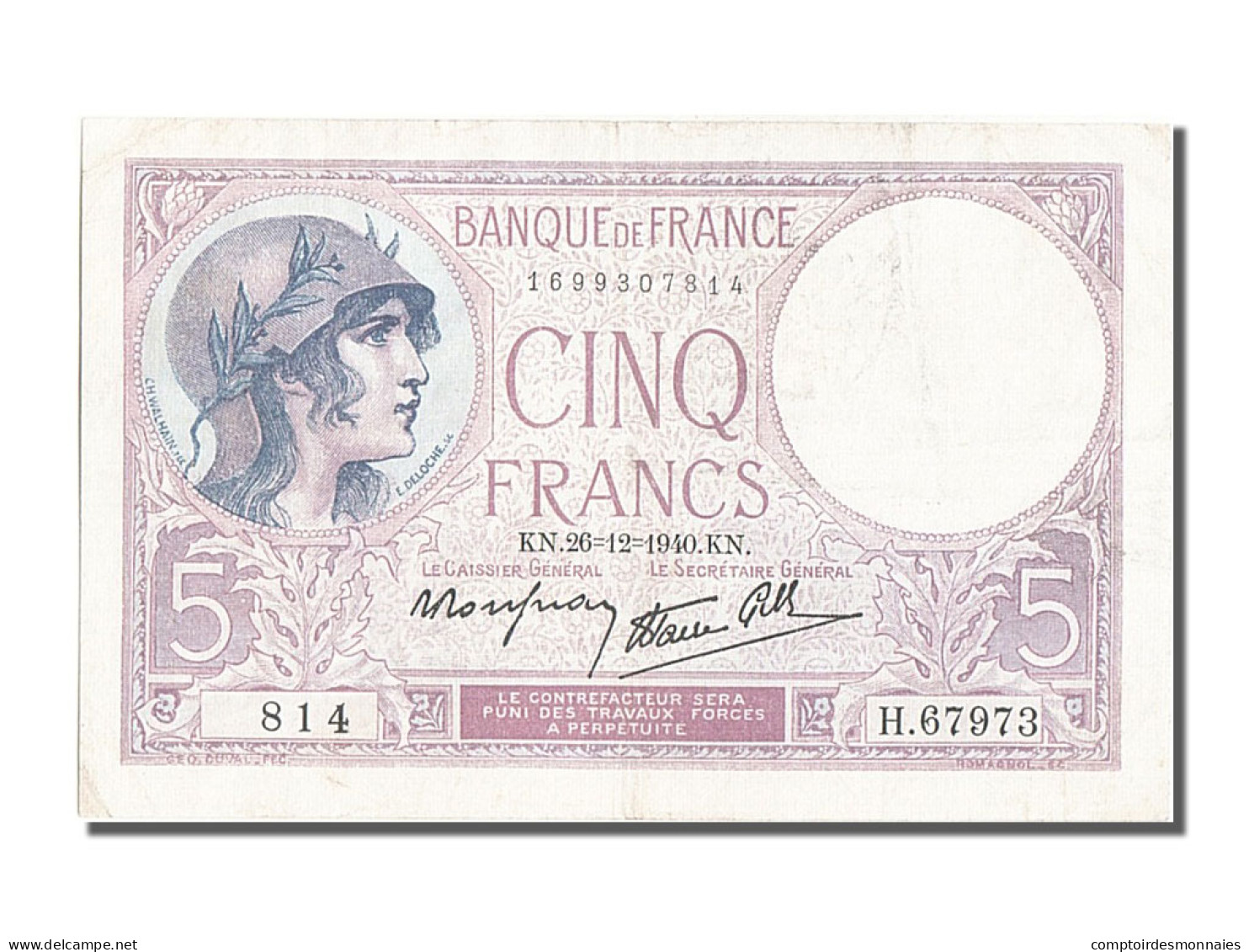 Billet, France, 5 Francs, 5 F 1917-1940 ''Violet'', 1940, 1940-12-26, TTB+ - 5 F 1917-1940 ''Violet''