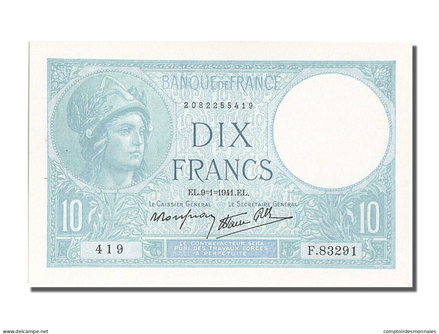 Billet, France, 10 Francs, 10 F 1916-1942 ''Minerve'', 1941, 1941-01-09, SPL - 10 F 1916-1942 ''Minerve''