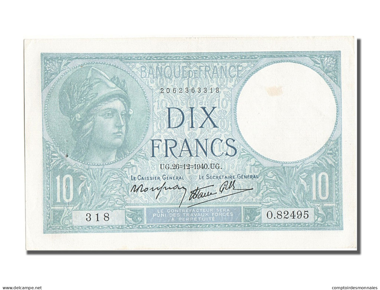Billet, France, 10 Francs, 10 F 1916-1942 ''Minerve'', 1940, 1940-12-26, SUP - 10 F 1916-1942 ''Minerve''