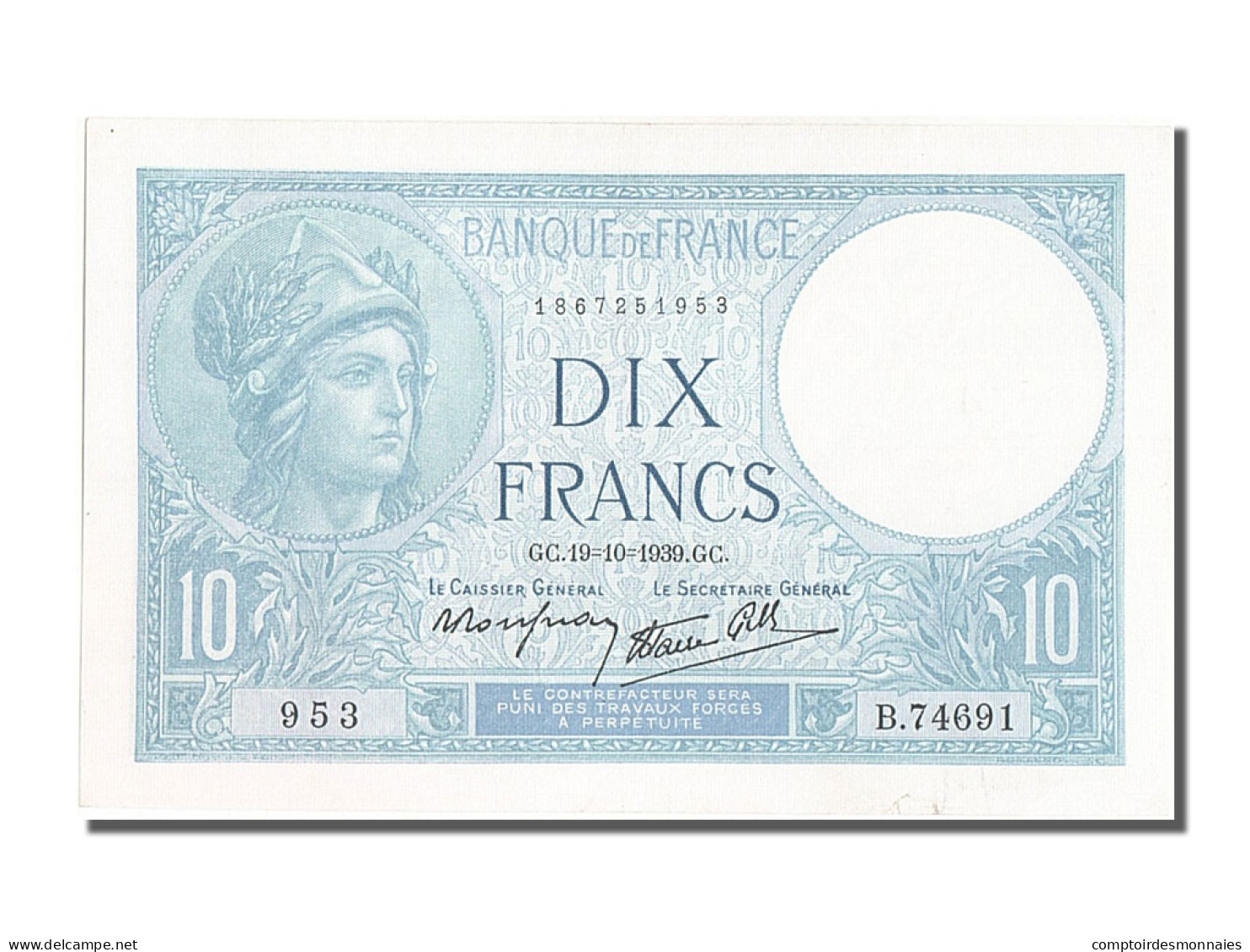 Billet, France, 10 Francs, 10 F 1916-1942 ''Minerve'', 1939, 1939-10-19, SPL - 10 F 1916-1942 ''Minerve''