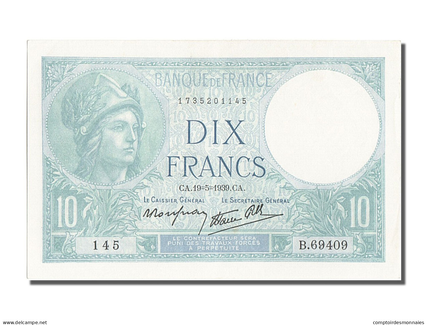 Billet, France, 10 Francs, 10 F 1916-1942 ''Minerve'', 1939, 1939-05-19, SPL - 10 F 1916-1942 ''Minerve''