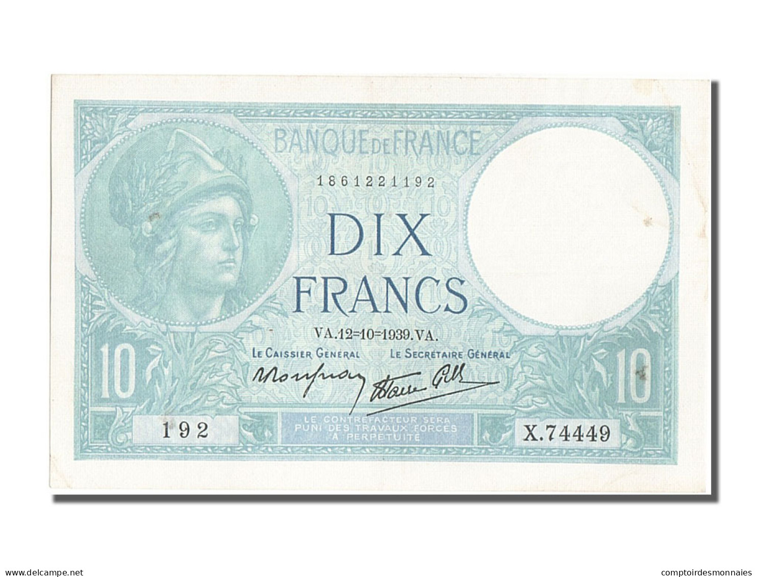 Billet, France, 10 Francs, 10 F 1916-1942 ''Minerve'', 1939, 1939-10-12, SUP+ - 10 F 1916-1942 ''Minerve''