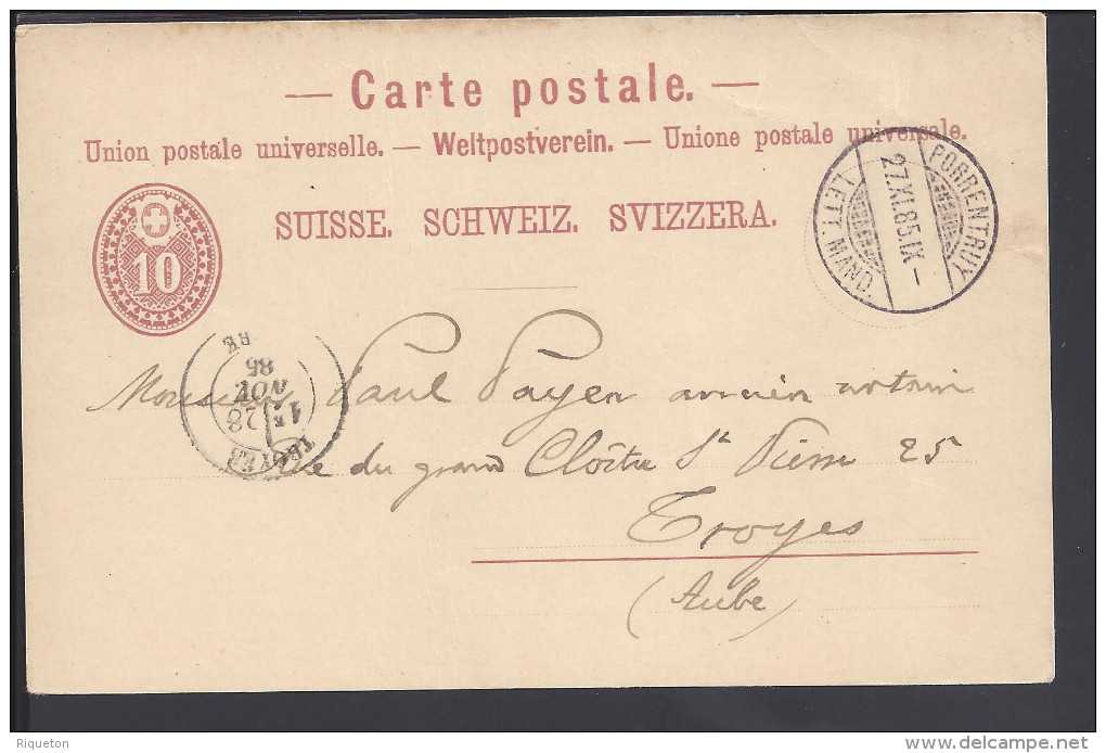 SUISSE - 1885 -  CARTE ENTIER POSTAL DE PORRENTRUY POUR TROYES - FR - - Ganzsachen