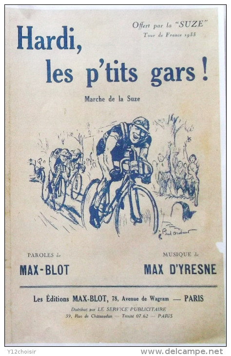 PARTITION MUSICALE OFFERT PAR LA SUZE HARDI LES P'TITS GARS TOUR DE FRANCE 1933 CYCLISME CYCLISTE COPIE - Spartiti