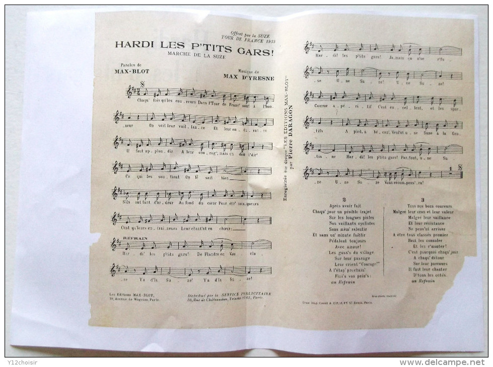 PARTITION MUSICALE OFFERT PAR LA SUZE HARDI LES P'TITS GARS TOUR DE FRANCE 1933 CYCLISME CYCLISTE COPIE - Scores & Partitions
