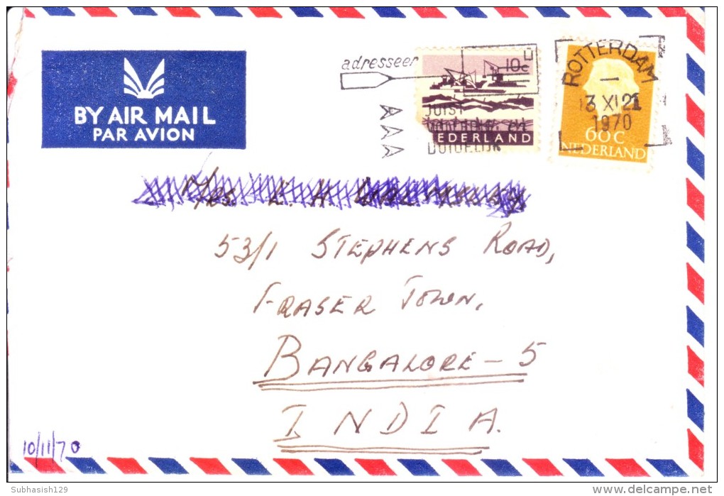 Nederland 1970 Commercial Cover To Bangalore, India With Pictorial Cancellation - Covers & Documents