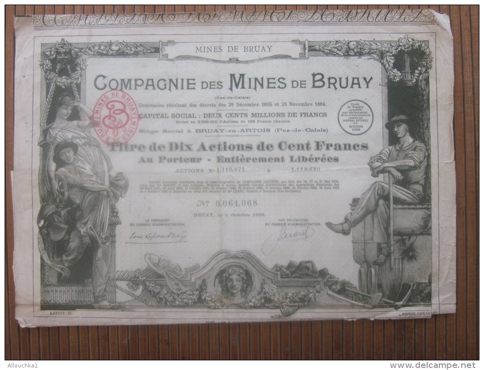 Vieux Papiers > Actions & Titres > Thèmes > Mines > Compagnie Des Mines De BRUAY En Artois Action De 100 Fr - Mineral
