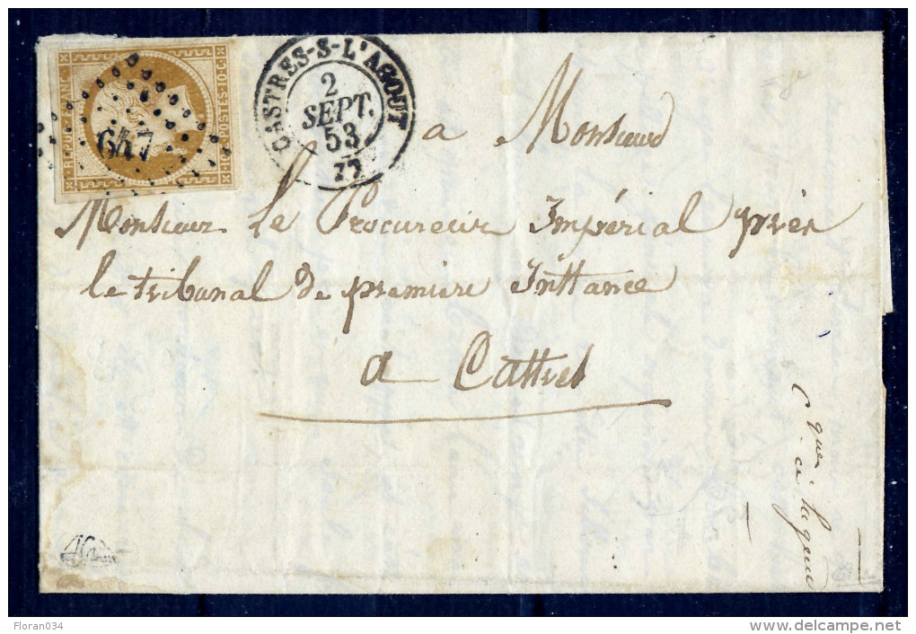 France N° 9 S/Lettre Obl. Pc 647 Signé JF Brun - Cote 1150 Euros - TB Qualité - 1852 Louis-Napoleon