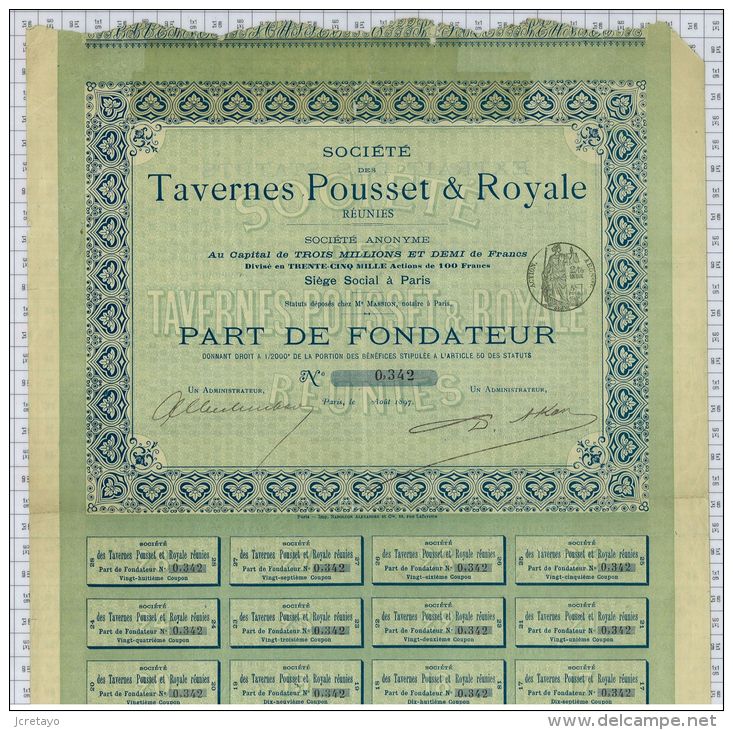 Sté Des Tavernes Pousset Et Royale Réunies, Tirage De 2000 Parts - Turismo