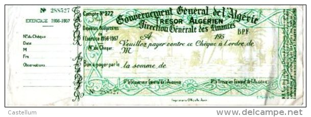 ALGERIE COLONIALE -Cheque Gouvernement General De L'Algerie-1956-1957 - Schecks  Und Reiseschecks