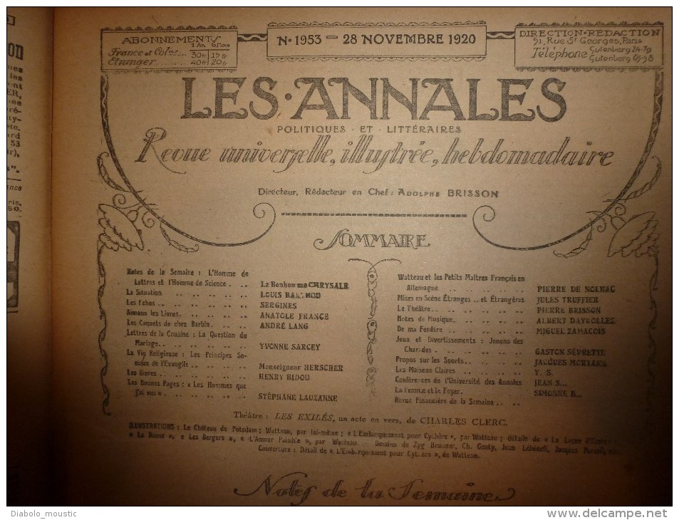 1920 LES ANNALES :Watteau Et Les Petits Maitres Français En Allemagne ; Eaux-Fortes Originales; Les Exilés...etc.. - Other & Unclassified