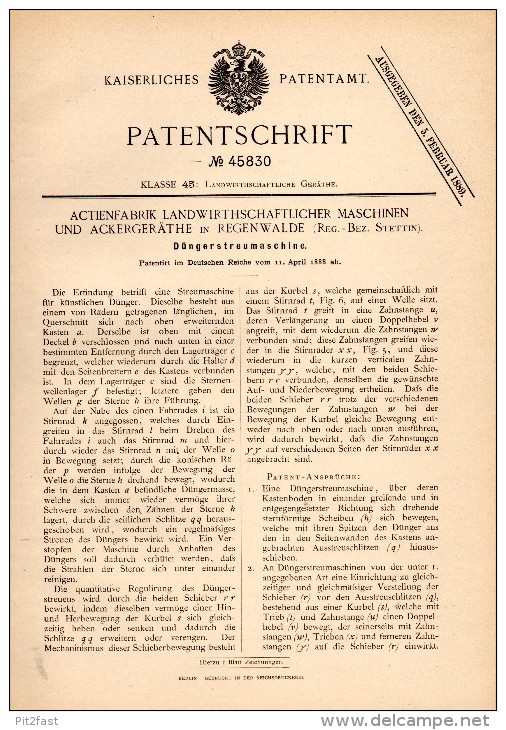 Original Patentschrift - Maschinen Und Ackergeräthefabrik In Regenwalde / Resko , 1888 , Düngerstreumaschine !!! - Maschinen