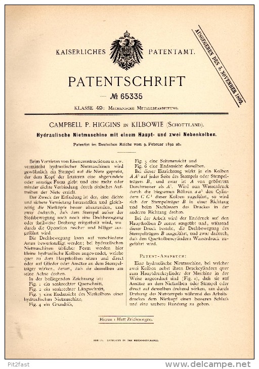 Original Patentschrift -  P. Higgins In Kilbowie , Scotland , 1892 , Riveting Machine !!! - Máquinas