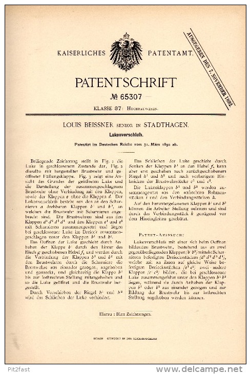 Original Patentschrift - Louis Beissner In Stadthagen B. Schaumburg , 1892 , Lukenverschluß , Hochbau , Bau !!! - Tools