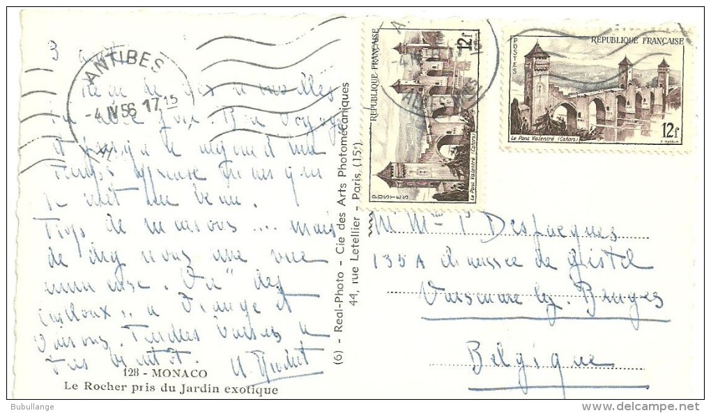 Monaco, Le Rocher Vu Du Jardin Exotique, Bords Dentelés,n°128, Voyagée En 1956, Scan Verso (timbres Pont De Cahors) - Jardin Exotique