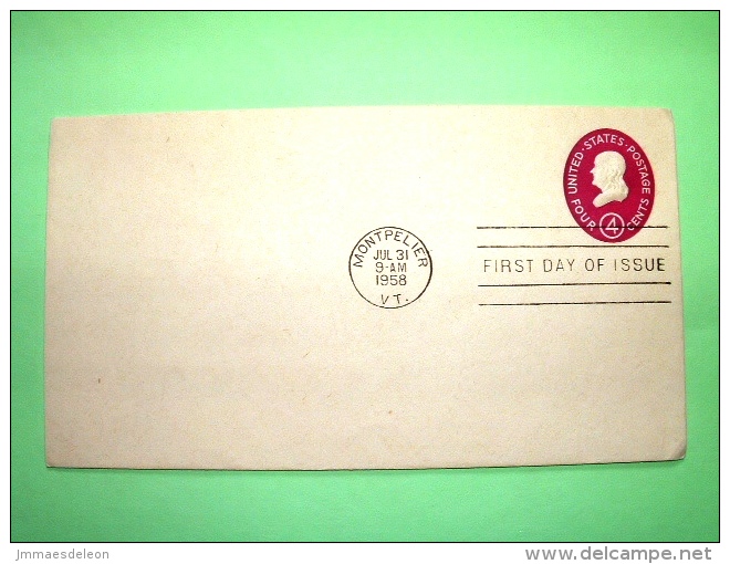 USA 1958 FDC Stationery Stamped Cover Montpelier - 4c - Franklin - 1941-60
