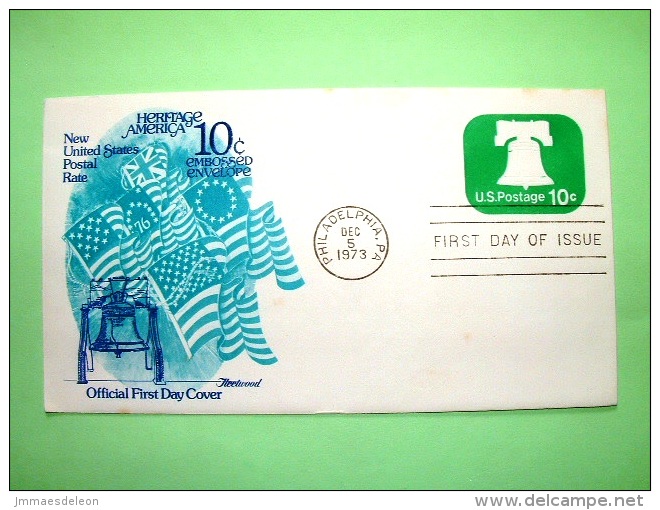 USA 1973 FDC Stationery Stamped Cover - Philadelphia - 10c - Bell - Flags - 1961-80