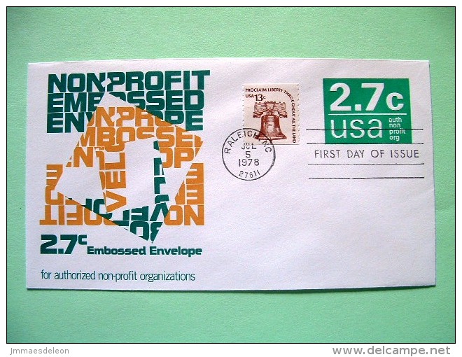 USA 1978 FDC Stationery Stamped Cover - Raleigh - 2.7c Non Profit Organizations - Bell - 1961-80