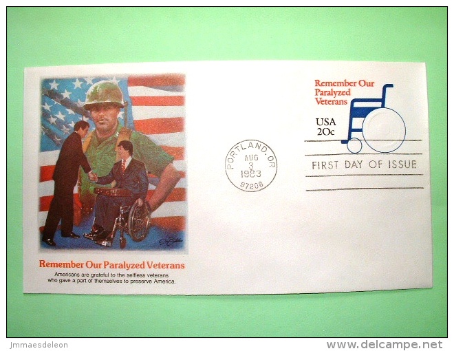 USA 1983 FDC Stationery Stamped Cover - Portland - 20c - Remember Our Paralyzed Veteran - Wheel Chair - Soldier Flag - 1981-00