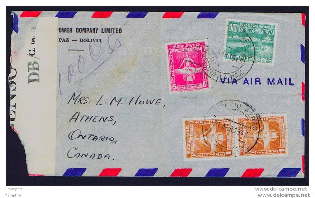 1943   Censored  Air Mail Letter To Canada - Bolivia