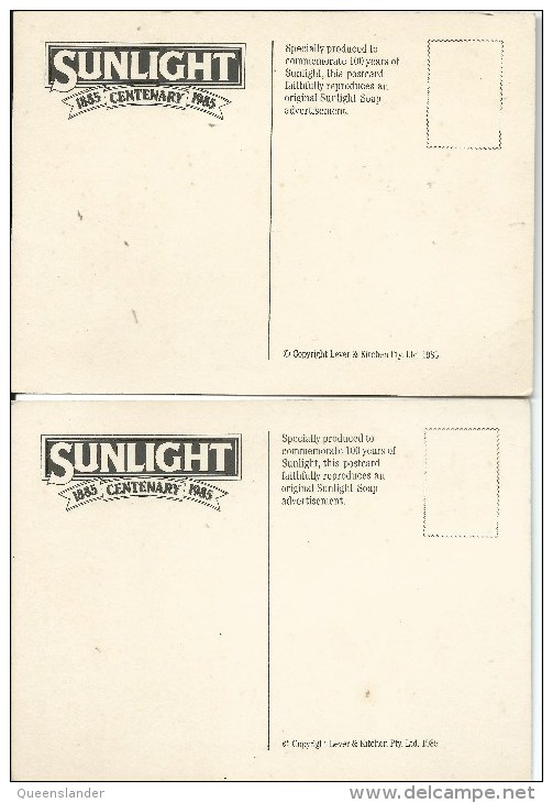 Sunlight 1885 Centenary 1985 2 Postcards Copyright Lever & Kitchen Pty Ltd 1985 Front & Back Shown - Advertising