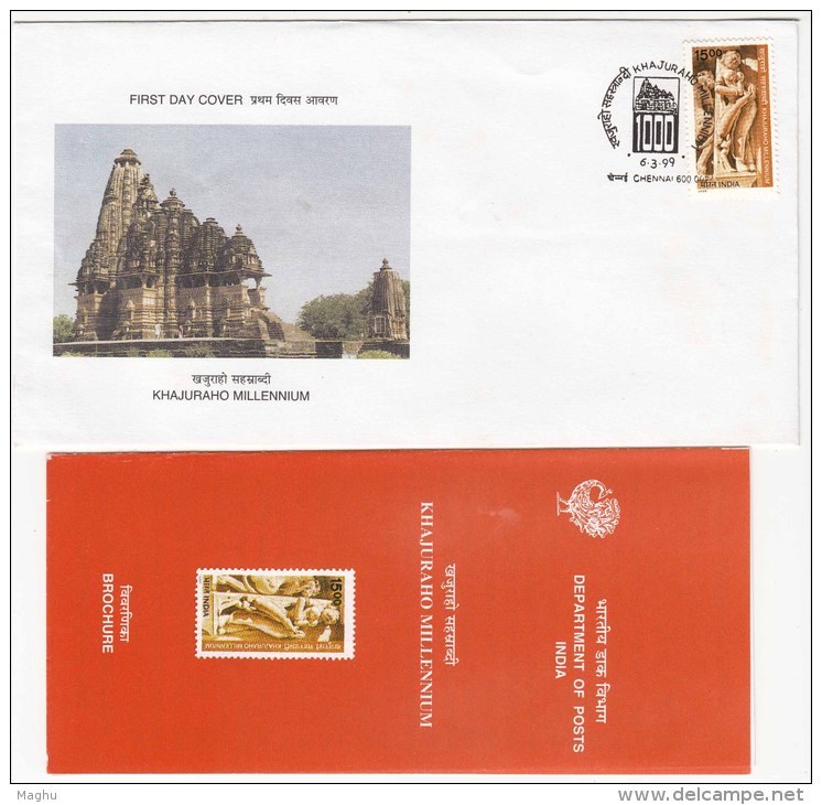 FDC + Information Khajuraho Millennium, Sculpture, History,  Hinduism, UNESCO Heritage, Temple Architecture,  India 1999 - Hinduism