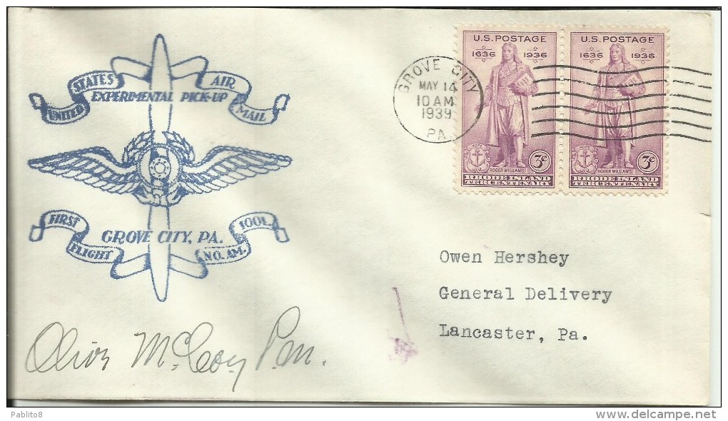 UNITED STATES STATI UNITI USA 14 MAY 1939  GROVE CITY EXPERIMENTAL PICK-UP FIRST FLIGHT AM 1001 FDC - 1851-1940