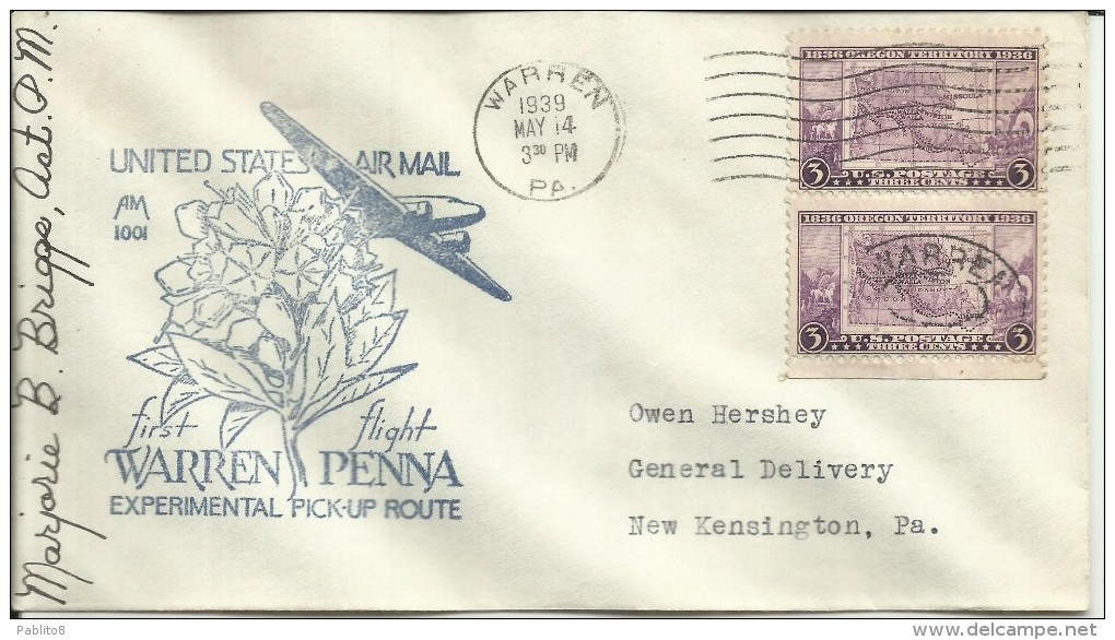 UNITED STATES STATI UNITI USA 14 MAY 1939 WARREN PENNA  EXPERIMENTAL PICK-UP FIRST FLIGHT AM 1001 FDC - 1851-1940