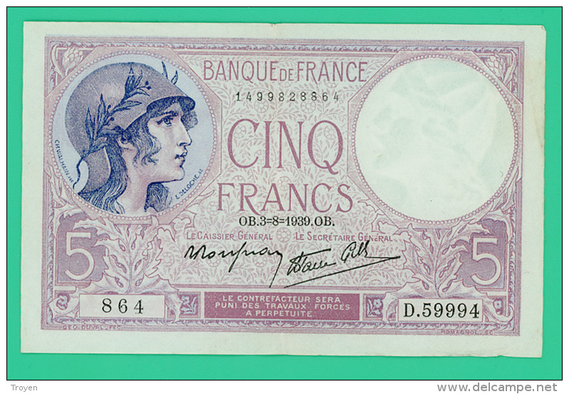 France -  5 Francs -  3/89/1939 - N° D.59994 - 864 - Sup - 5 F 1917-1940 ''Violet''