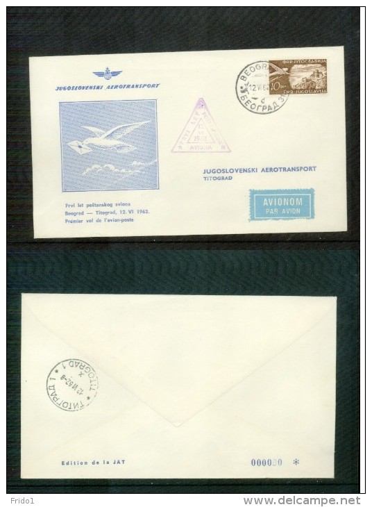 Jugoslawien / Yugoslavia / Yougoslavie  1962 JAT First Flight   Beograd - Titograd - Covers & Documents