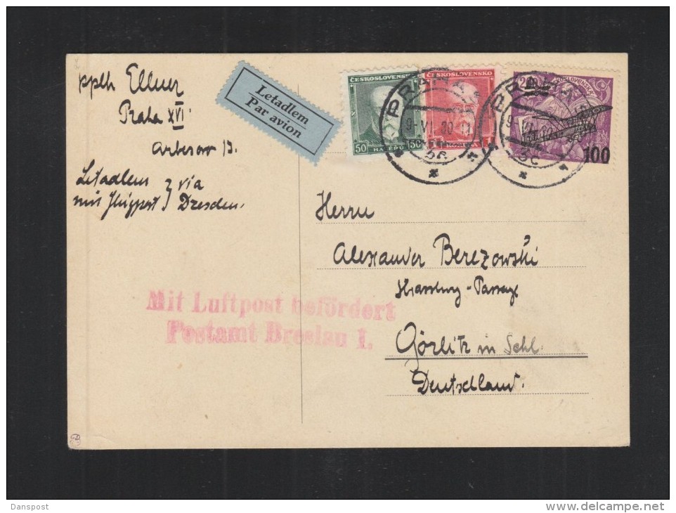 Czechoslovakia Air Mail PC 1930 Prague To Germany - Luchtpost