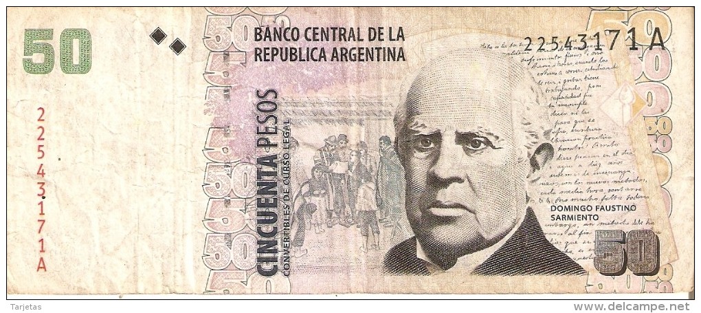 BILLETE DE ARGENTINA DE 50 PESOS CONVERTIBLES (BANKNOTE) DOMINGO FAUSTINO (RARO) - Argentina