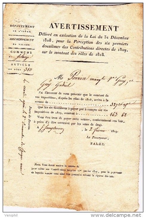 DEPARTEMENT DE L'ISERE -COMMUNE DE SOLAIZE - 1819- AVERTISSEMENT CONTRIBUTIONS DIRECTES - Décrets & Lois