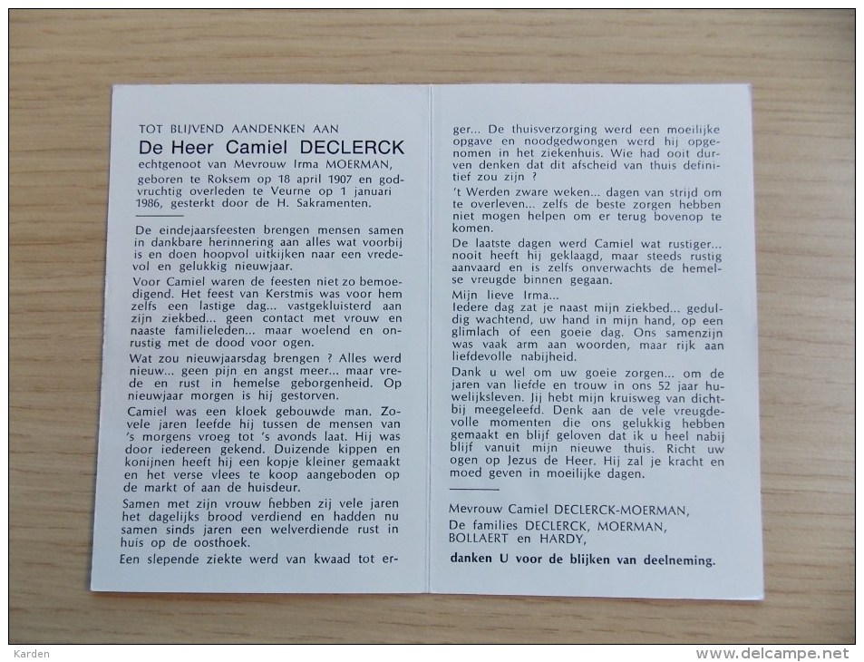 Doodsprentje Camiel Declerck Roksem 18/4/1907 Veurne 1/1/1986 ( Irma Moerman) - Religione & Esoterismo