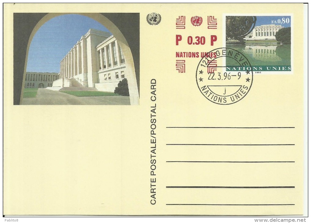 UNITED NATIONS GENEVE GINEVRA GENEVA SVIZZERA ONU - UN - UNO 1996 PALAIS PALACE PALAZZO 1993 POSTAL CARD - Gebruikt