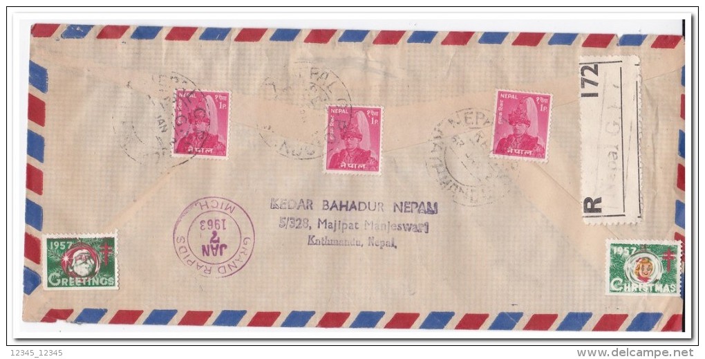 Nepal Envelope Registered Mail To Michigan U.S.A. With 75 Blue-green Stamp - Nepal