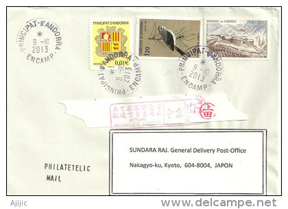 Lettre Postée Du Village D´Encamp, Adressée A Kyoto  Au Japon, Avec Cachet Japonais - Briefe U. Dokumente